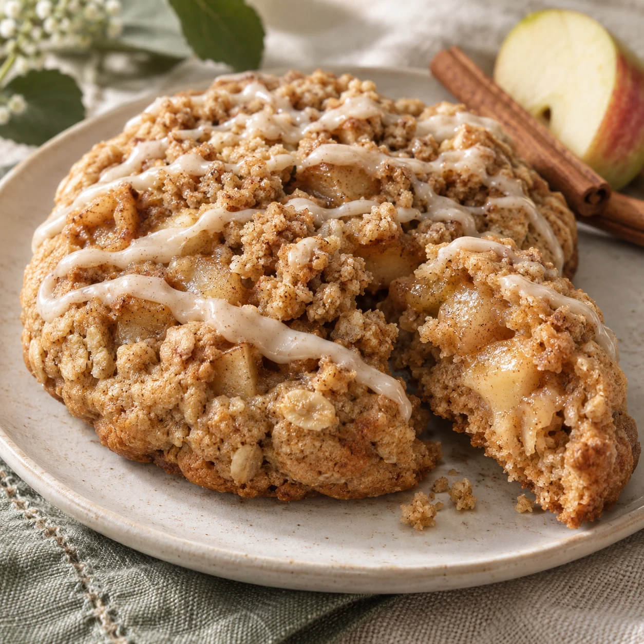 An oatmeal apple crumble cookie with tender apple pieces and ivory spiced vanilla drizzle