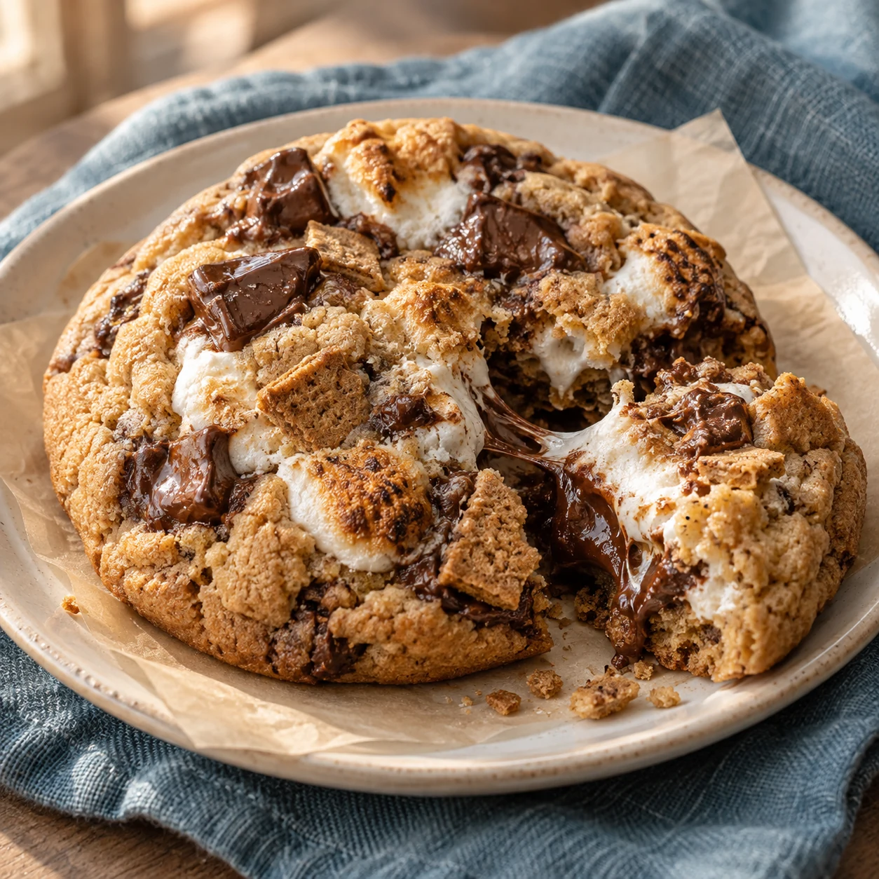 A soft golden s’mores cookie filled with melted chocolate, toasted marshmallow, and graham crackers