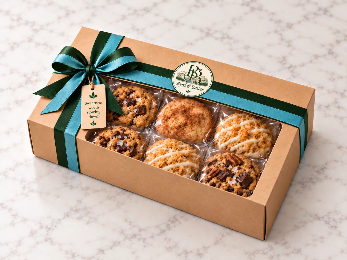 Byrd & Butter cookie gift box with a forest-green ribbon, round brand seal, and an assortment of generous cookies