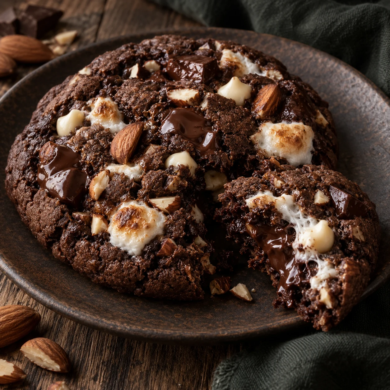 A thick chocolate Rocky Road cookie with toasted almonds, marshmallow, and dark and white chocolate